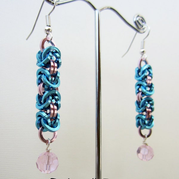 Square Wire Byzantine Earrings - Pink and Sky Blue - Anodized Aluminum Jewelry