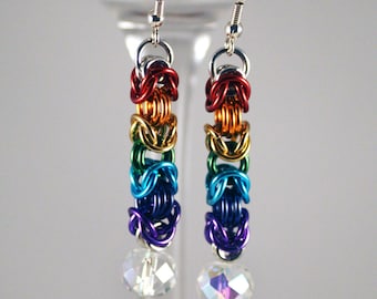 Rainbow LGBT Pride Byzantine Earrings with Swarovski Crystal - Anodized Aluminum Chainmaille Jewelry