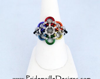 Rainbow Flower Stretch Ring - Rainbow Vers.2 - Aluminum Chainmaille Jewelry