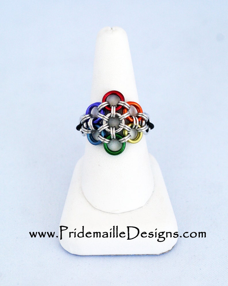 Rainbow Flower Stretch Ring Rainbow Vers.2 Aluminum Chainmaille Jewelry image 1