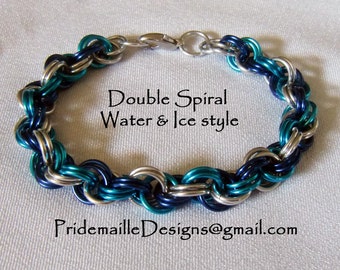 Water and Ice Bracelet - Double Spiral Weave - Anodized Aluminum Chainmaille Jewelry