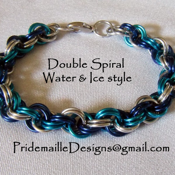 Water and Ice Bracelet - Double Spiral Weave - Anodized Aluminum Chainmaille Jewelry