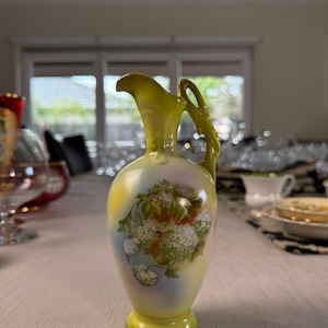 Vintage Hand-Painted Floral Porcelain Ewer Vase: European Pottery Jug