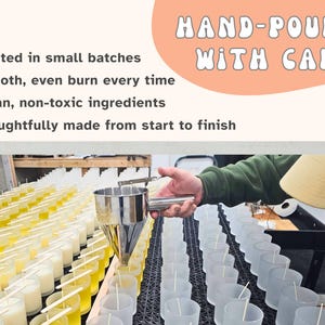 May include: Image of candle making process. The image shows rows of clear glass candle holders being filled with yellow wax. The text "HAND-POURED WITH CARE" is at the top, along with bullet points describing the candle-making process.