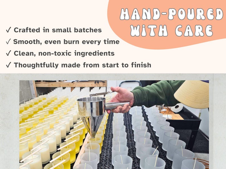 May include: Image of candle making process. The image shows rows of clear glass candle holders being filled with yellow wax. The text "HAND-POURED WITH CARE" is at the top, along with bullet points describing the candle-making process.