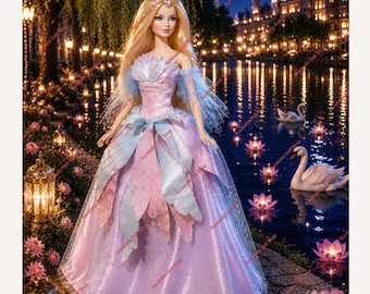 May include: A blonde doll wearing a floor-length gown with a pink and light blue bodice, a layered skirt featuring petal-shaped panels in alternating pastel shades, and sheer blue off-the-shoulder sleeves, topped with a small pink tiara.