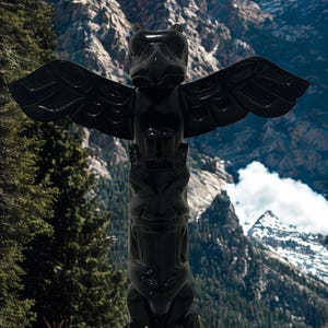 Può includere: Una scultura di totem nero lucido con figure scolpite e ali spiegate. La scultura è ambientata su uno sfondo di montagne e alberi, evocando la natura e l'arte indigena.