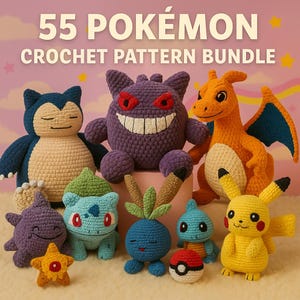 55-in-1 Pokémon-inspiriertes Amigurumi-Musterpaket | Digitales PDF Häkel-Spielzeug-Set