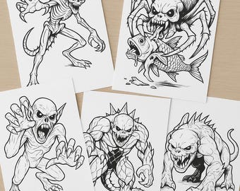 Ausmalbilder Monster | 5 gruselige Horror Wesen | A4 PDF | Digitaler Download