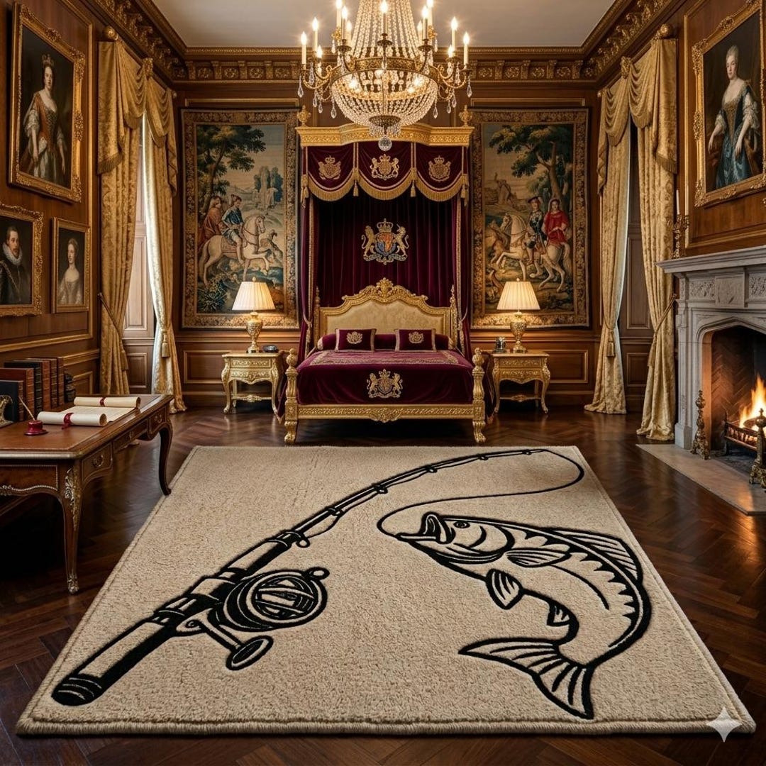 Fish Rug Bass Hand Tufted Wool Rug - Custom Fishing Rod and Bass Fish Design, Premium ...