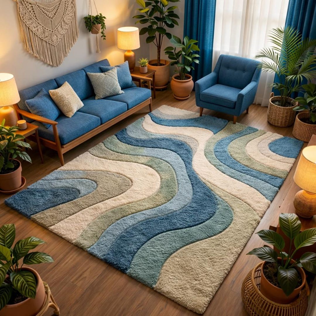 Retro Mid Century Modern Abstract Wave Wool Rug, Hand Tufted Carpet - Etsy