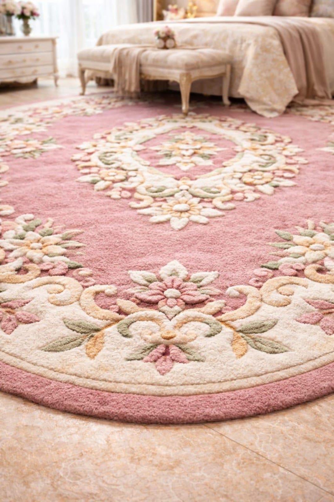 Vintage Pink Floral Wool Rug – Hand Tufted Oriental Carpet, Persian ...