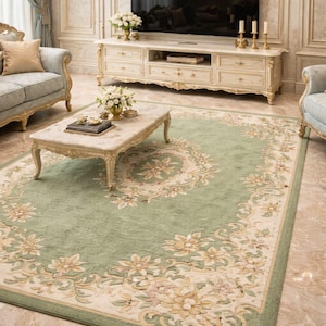 Sage Green Floral Wool Rug, Hand Tufted Traditional Oriental Carpet