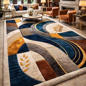 May include: A large, rectangular area rug with an abstract design. The rug features a cream-colored border and a central pattern of geometric shapes in shades of blue, gold, brown, and gray. Decorative leaf motifs are incorporated into the design.