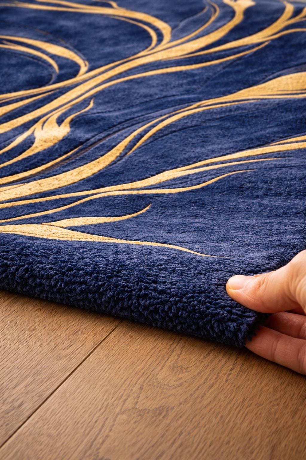 Navy Blue Gold Abstract Hand Tufted Wool Rug, Modern Living Room Carpet ...