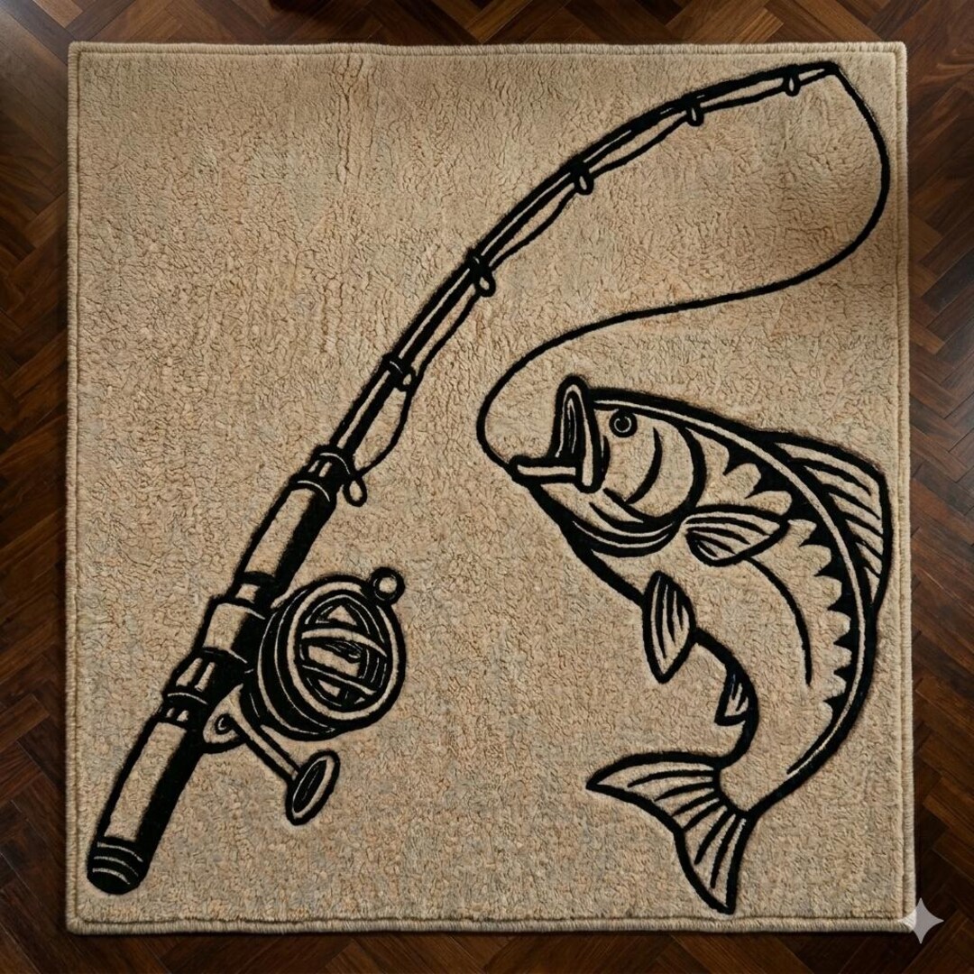 Fish Rug Bass Hand Tufted Wool Rug - Custom Fishing Rod and Bass Fish Design, Premium ...