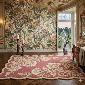 Puede incluir: Una alfombra rectangular con borde festoneado, que presenta un fondo rosa empolvado y un patrón floral de color crema. La alfombra está colocada sobre un suelo de madera oscura en una habitación con papel pintado floral, una lámpara y un jarrón azul y blanco.