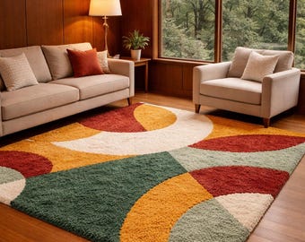 Mid-Century Modern Geometric Wool Rug – Retro Abstract Green Orange Carpet