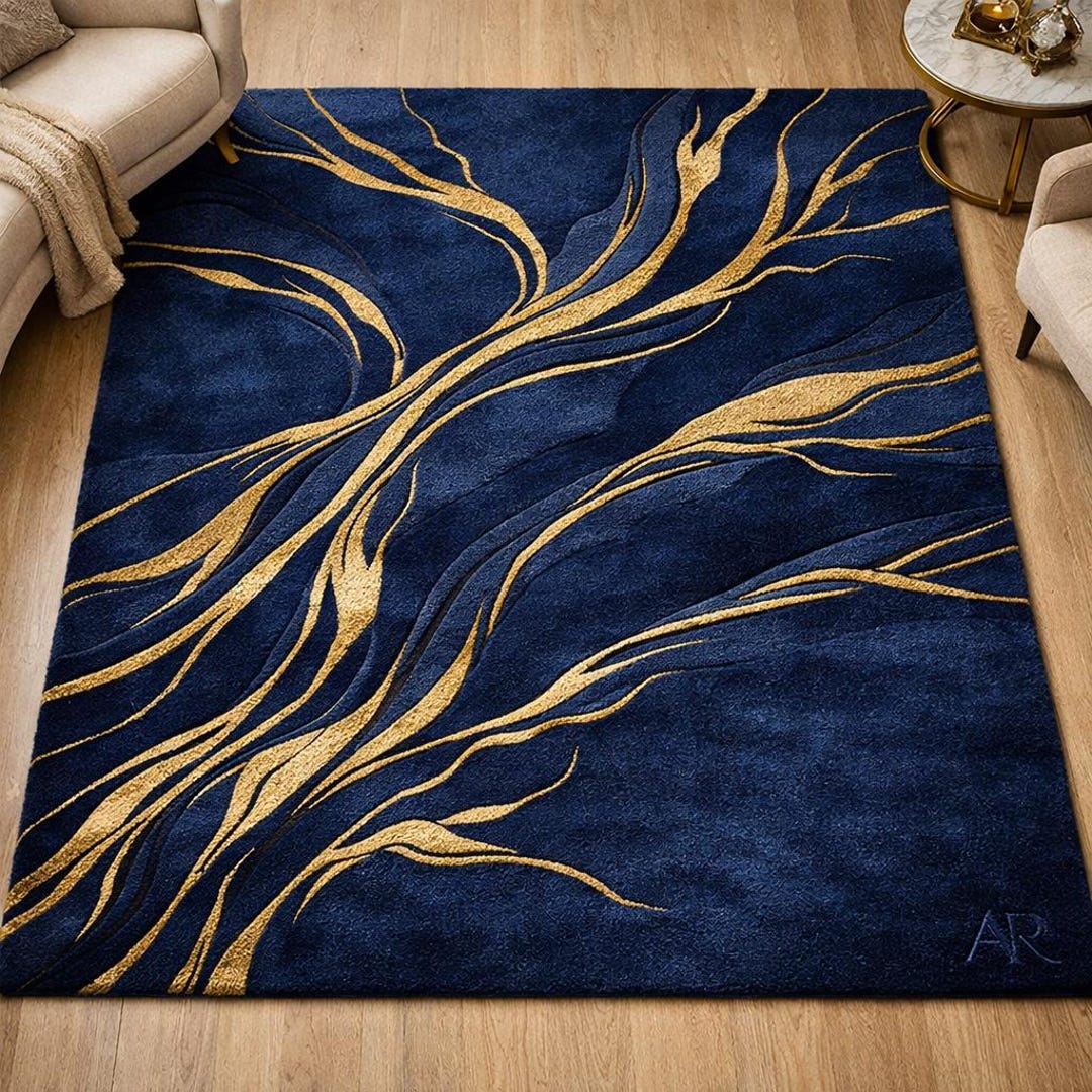 Navy Blue Gold Abstract Hand Tufted Wool Rug, Modern Living Room Carpet ...