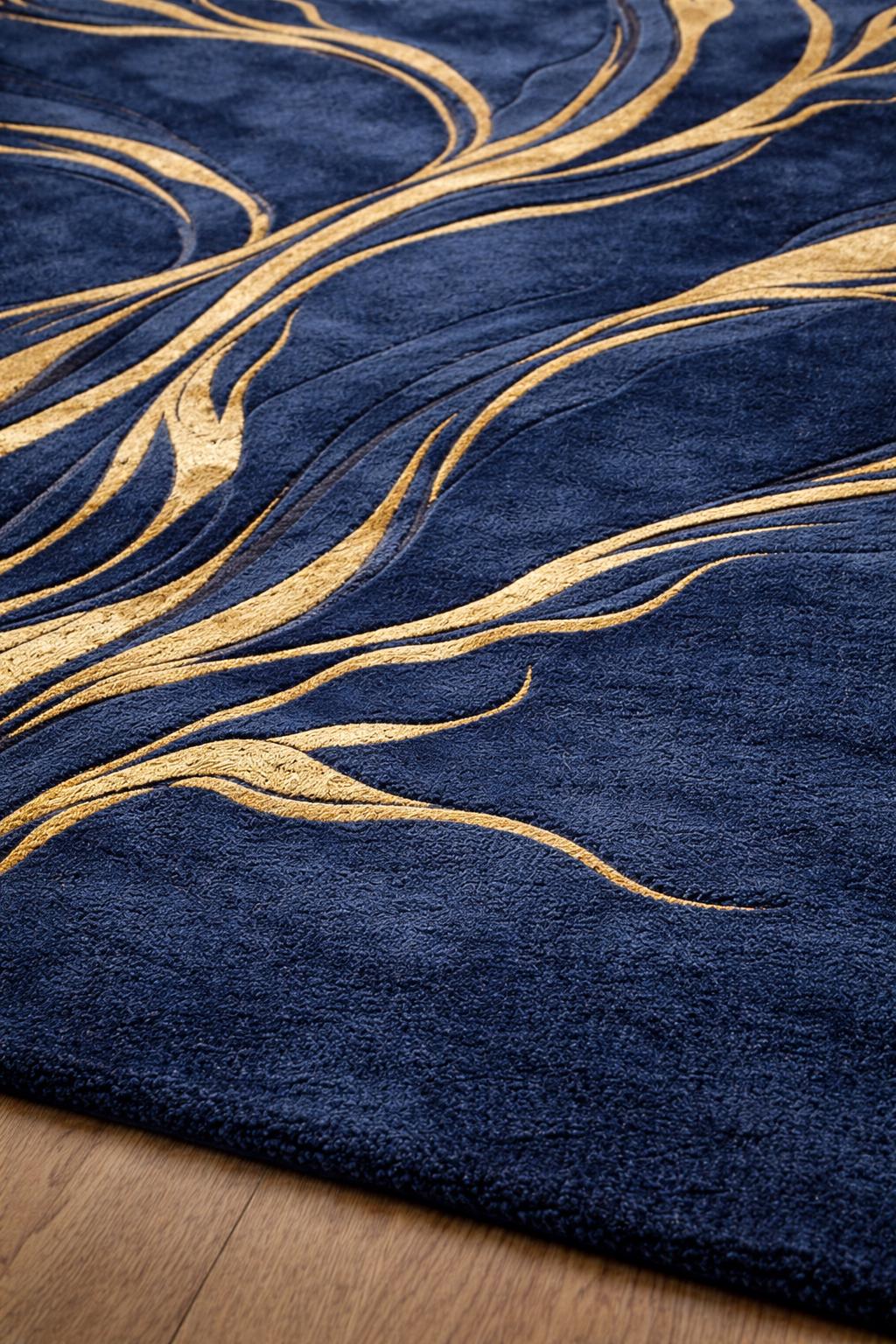 Navy Blue Gold Abstract Hand Tufted Wool Rug, Modern Living Room Carpet ...