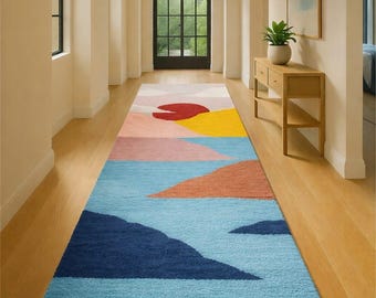 Modern Abstract Runner Rug, Colorful Geometric Hallway Rug, Hand Tufted Wool Runner, Contemporary Long Rug for Entryway Corridor