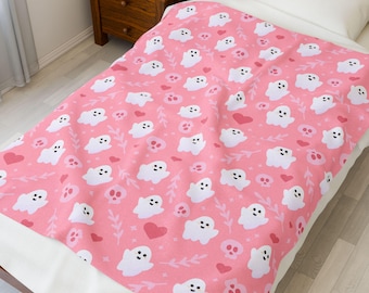 Pink Ghost, Cute Ghosts Velveteen Plush Blanket, Halloween Decor, Snuggly Gift, Soft Throw, Ghost Home Accessories, Pink Ghost Blanket