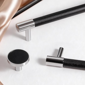 Leather Cabinet Knob: Chromed Closet Drawer Pull, Brass Accents