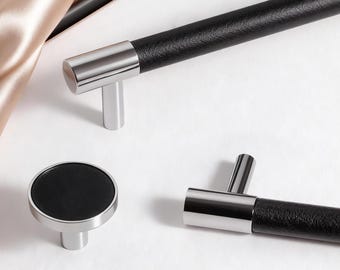 Leather Cabinet Knob: Chromed Closet Drawer Pull, Brass Accents