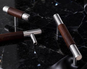 Chromed Brass Cabinet Pulls, Walnut Cupboard Pulls, Bedside Table Knob