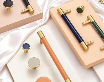 Skórzana gałka mosiężna: Kolorowa gałka do szafy, mosiężne uchwyty do pokoju dziecięcego