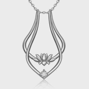 May include: A silver pendant necklace with a lotus flower design. The pendant has a teardrop shape, a lotus flower in the centre, and a small gemstone at the bottom. The necklace chain is also silver.