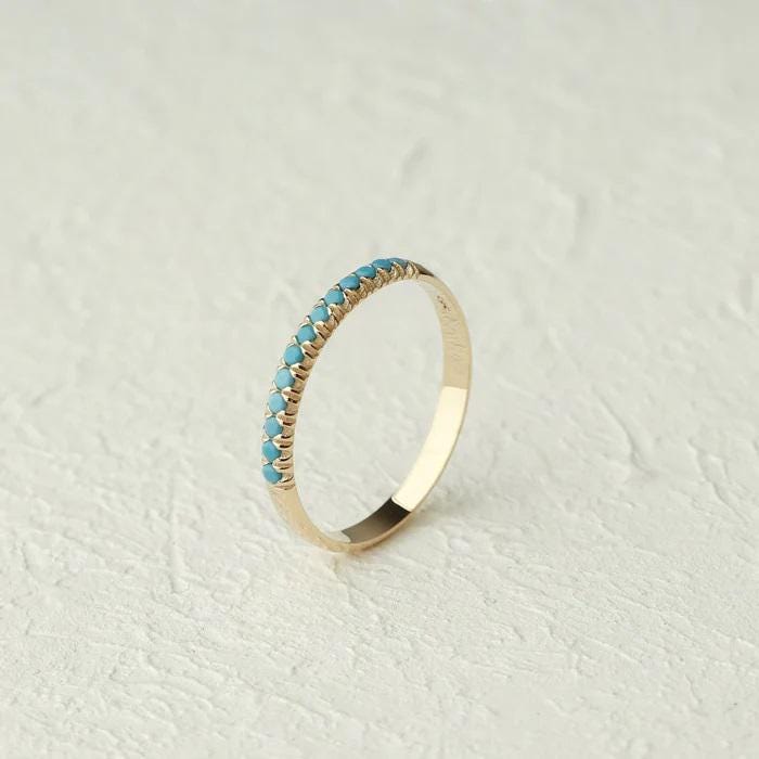 14K Solid Gold Turquoise Wedding Band/Dainty Half Eternity Stacking Ring/Petite Minimalist Engagement Ring/Handmade Turquoise Ring for Women