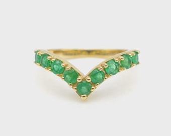 14k Yellow Gold Chevron Gemstone Ring with 3mm Emerald May Birthstone Certified Rings Half Eternity Chevron V Ring, Stackable Band Ring
