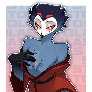 May include: Illustration of a blue anthropomorphic owl-like character with red eyes and a white face. The character is wearing a red robe and black gloves. The background has a repeating pattern of the word "STOLAS".