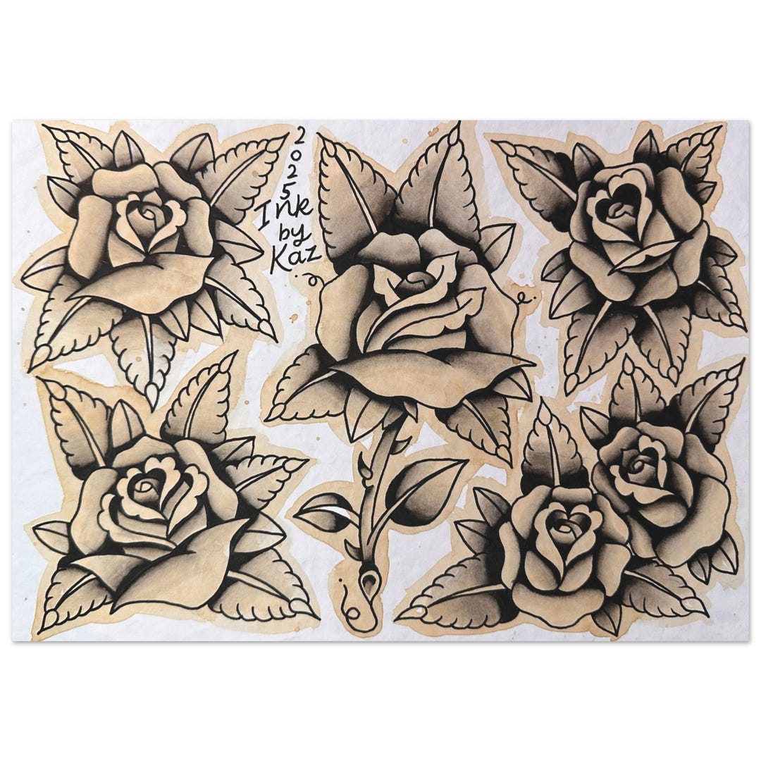Traditional Rose Tattoo Flash Art Print | Hand Painted Black and Grey ...