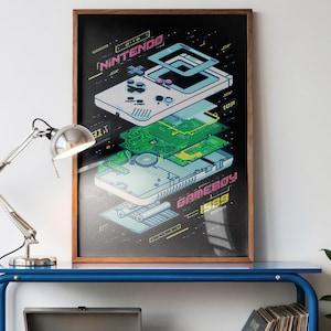 May include: A framed poster of a Nintendo Game Boy schematic, displayed on a blue metal table with a silver lamp, a record player, and vinyl records. The poster is black with white, green, and blue details. A potted plant sits nearby.