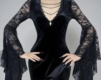 Gothic Velvet & Lace Bell-Sleeve Maxi Dress | Witchy V-Neck with Rosary Detail - Dark Alternative Formal Gown