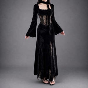 high neck lace patchwork slit tulle hem maxi dresses-black Black Lace Sheer Maxi Dress