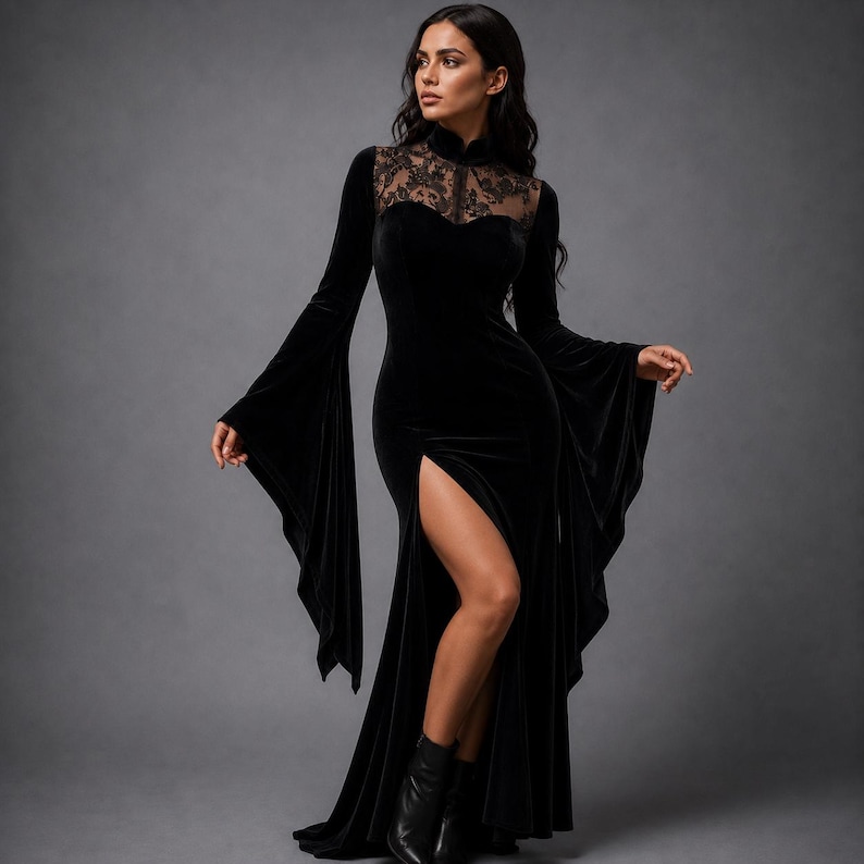 Gothic Velvet Dress - Victorian Lace Gown with High Slit & Bell Sleeves | Elegant Black Evening Dress image 3