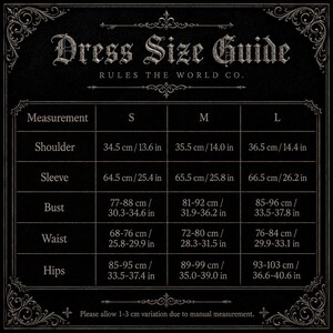May include: A black dress size guide chart with white text titled Dress Size Guide Rules The World Co. The table lists measurements in inches for small, medium, and large sizes including shoulder, sleeve, bust, waist, and hips, with a note to allow 1-3 cm variation.
