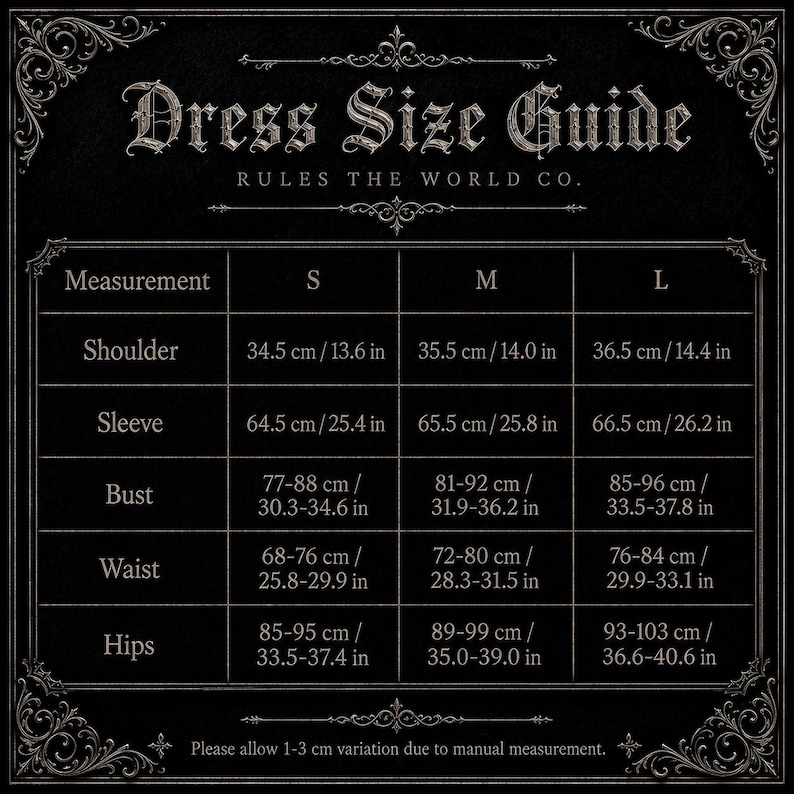 May include: A black dress size guide chart with white text titled Dress Size Guide Rules The World Co. The table lists measurements in inches for small, medium, and large sizes including shoulder, sleeve, bust, waist, and hips, with a note to allow 1-3 cm variation.