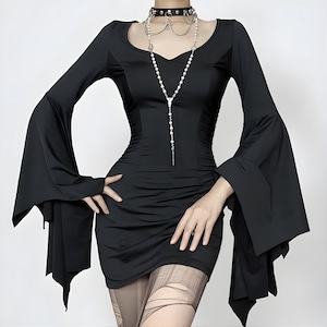 Gothic Batwing Bell-Sleeve Mini Dress | Bodycon Witchcore Party Outfit