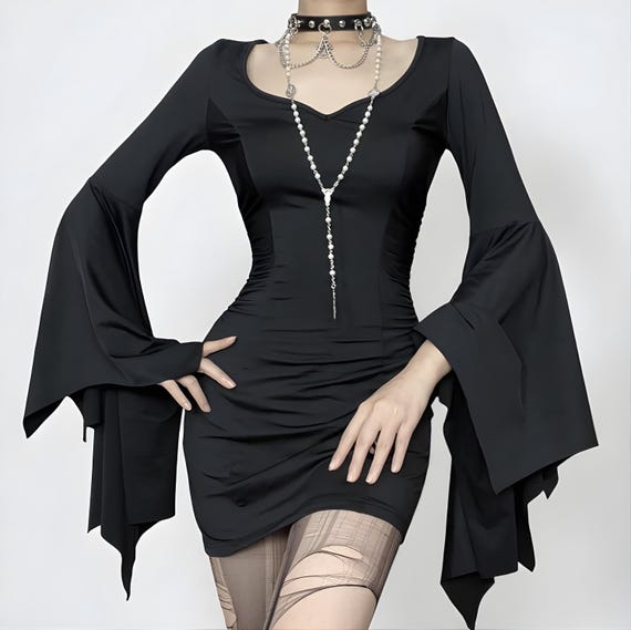 Gothic Batwing Bell-sleeve Mini Dress | Bodycon Witchcore Party Outfit -  Etsy Israel