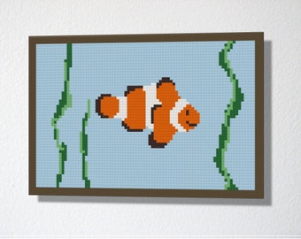 Counted Cross stitch pattern PDF. Instant download. Clownfish. Includes easy beginner instructions.