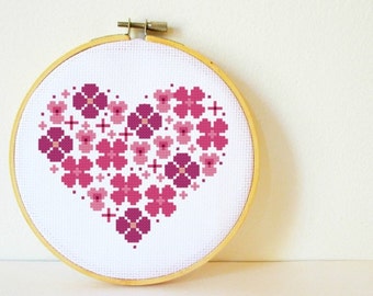 Counted Cross stitch Pattern PDF. Instant download. Flowers Heart. Includes easy beginner instructions.
