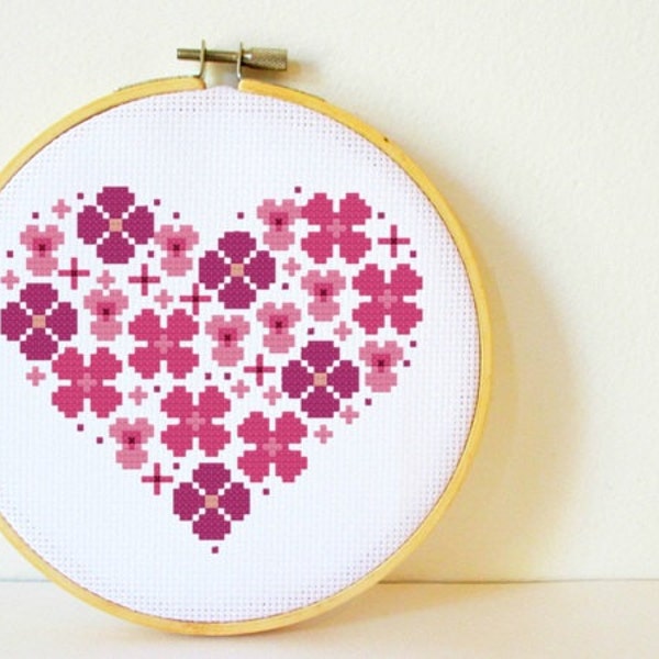 Counted Cross stitch Pattern PDF. Instant download. Flowers Heart. Includes easy beginner instructions.