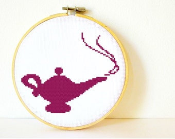 Counted Cross stitch Pattern PDF. Instant download. Three Wishes Genie Lamp. Includes beginners instructions.