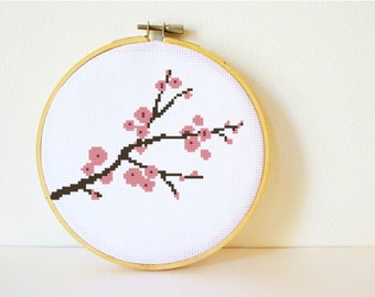 Counted Cross stitch Pattern PDF. Instant download. Cherry Blossom. Includes easy beginner instructions.