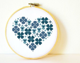 Counted Cross stitch Pattern PDF. Instant download. Flowers Heart in Blue. Includes easy beginner instructions.