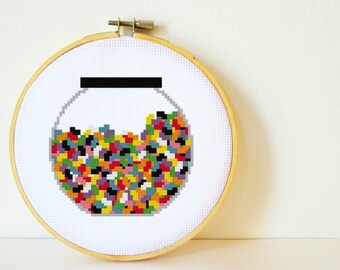 Counted Cross stitch Pattern PDF. Instant download. Jellybean Jar. Includes easy beginners instructions.